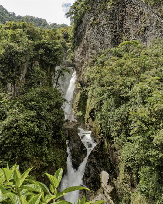 A waterfall surrounded by lush vegetation in Baños de Agua Santa, Ecuador